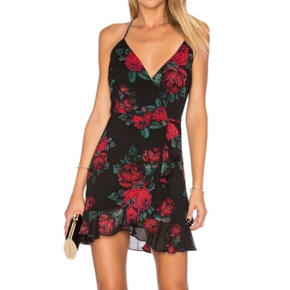 Lovers & Friends Gigi Wrap Mini Dress Rose Print Ruffled V-Neck Lightweight Sz S - Picture 1 of 9